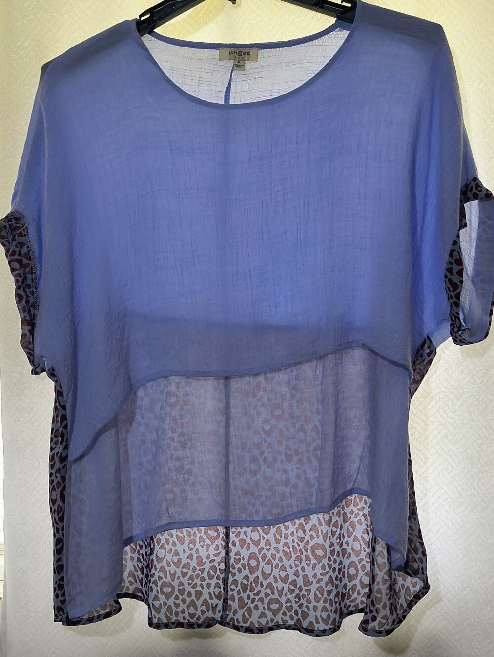 Umgee Sheer Layered Blouse with Leopard-Trim. Periwinkle Color